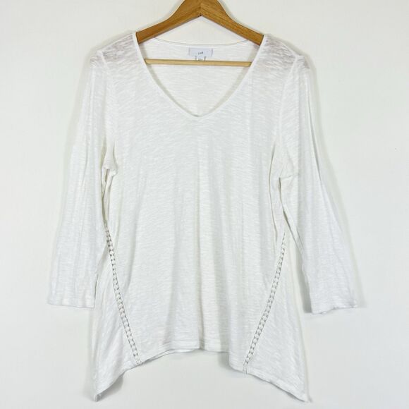 J. Jill Womens Medium White Semi Sheer Slub‎ Knit 3/4 Sleeve Lace Trim Shirt Top - Picture 1 of 6